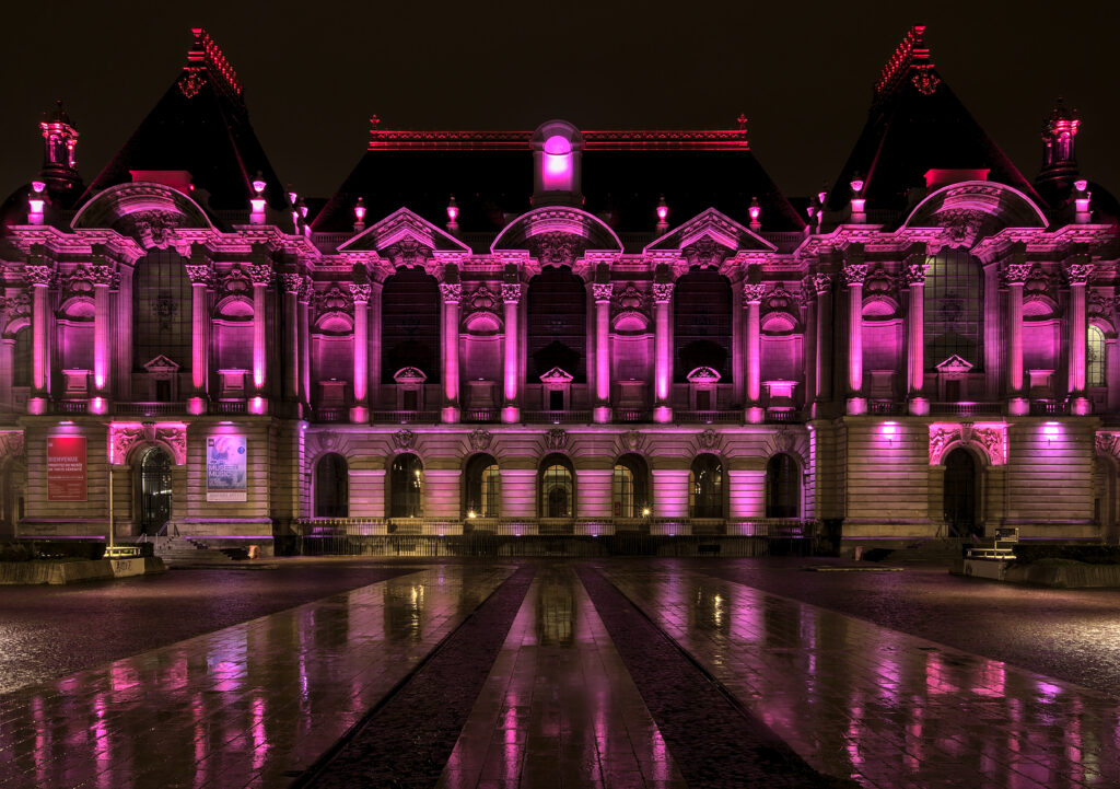 Le Palais des Beaux-Arts de Lille illuminé par Octobre Rose.